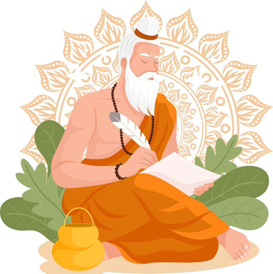 Ancient sage writing on a scroll, representing India's timeless wisdom